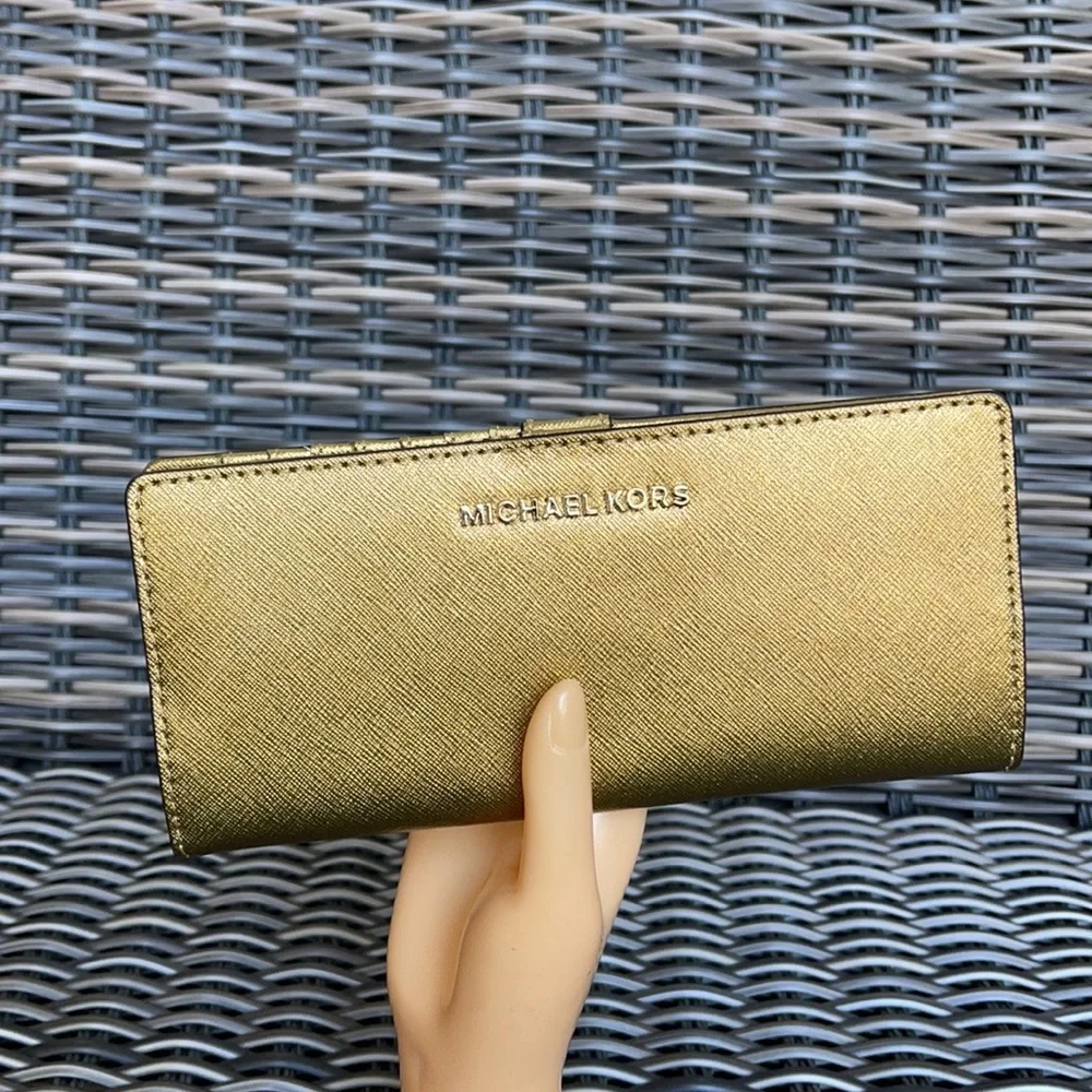 Michael Kors Medium Flat Slim Bifold Wallet Old Gold Leather